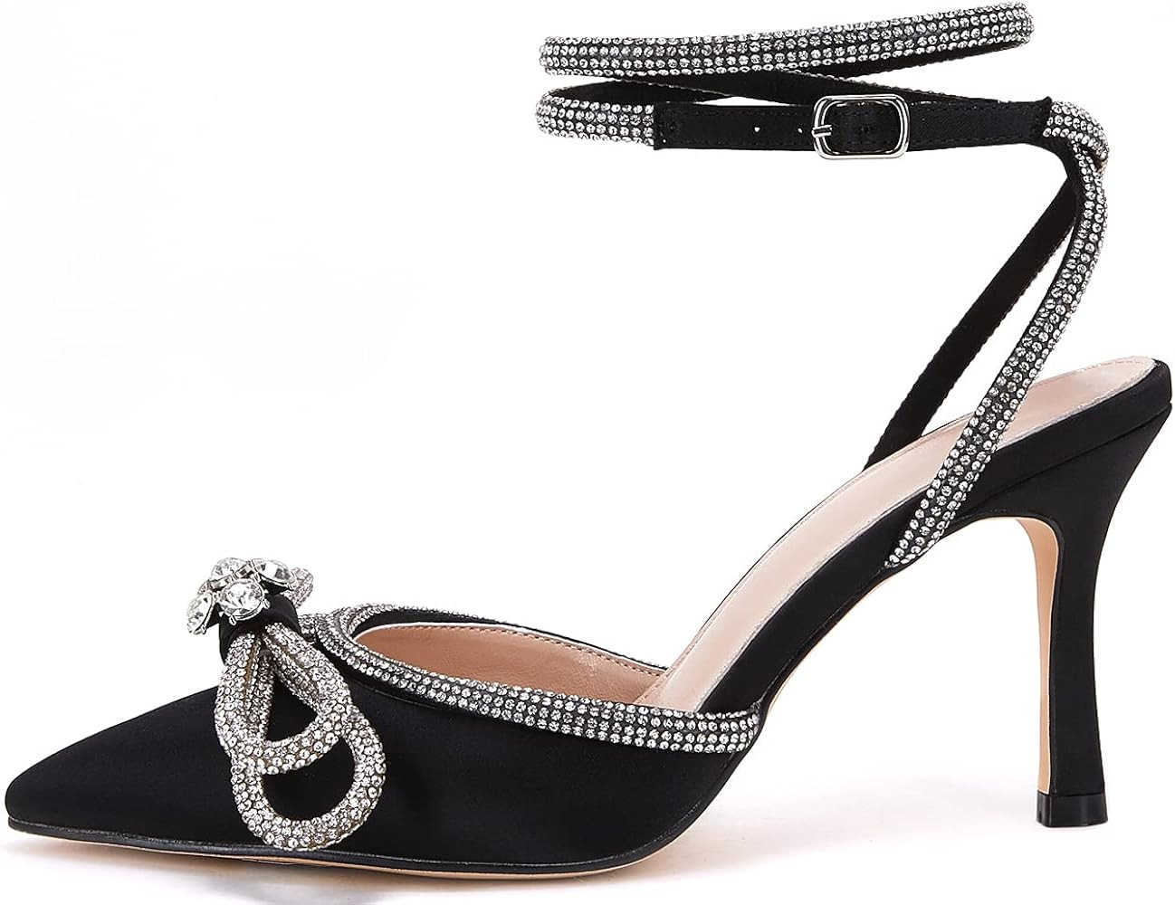 Women's Double Bow Pointed Toe Ankle Strap Crystal Pumps Wedding Bridal Party Stilettos Backless Sat | Amazon (US)