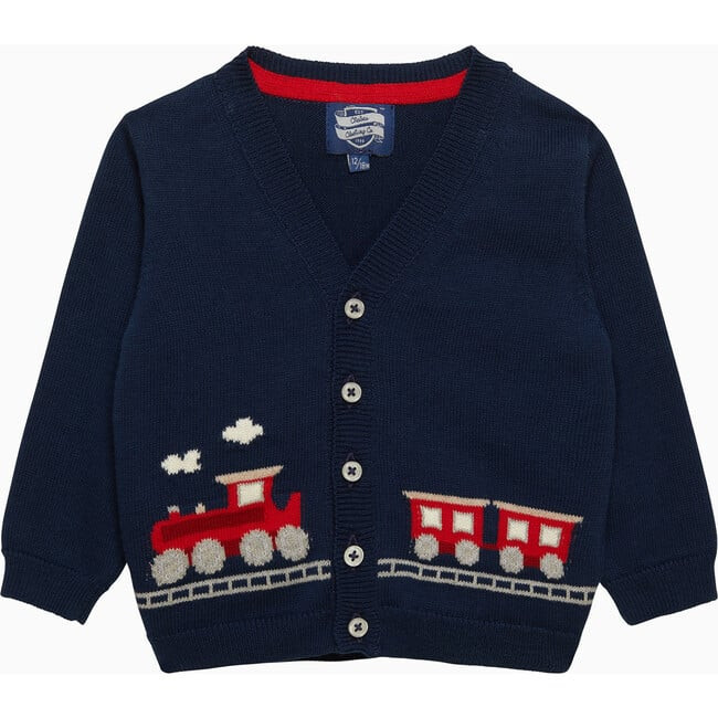 Trotters London | Little Train Cardigan Sweater, (Navy Blue, Size 12-18M) | Maisonette | Maisonette