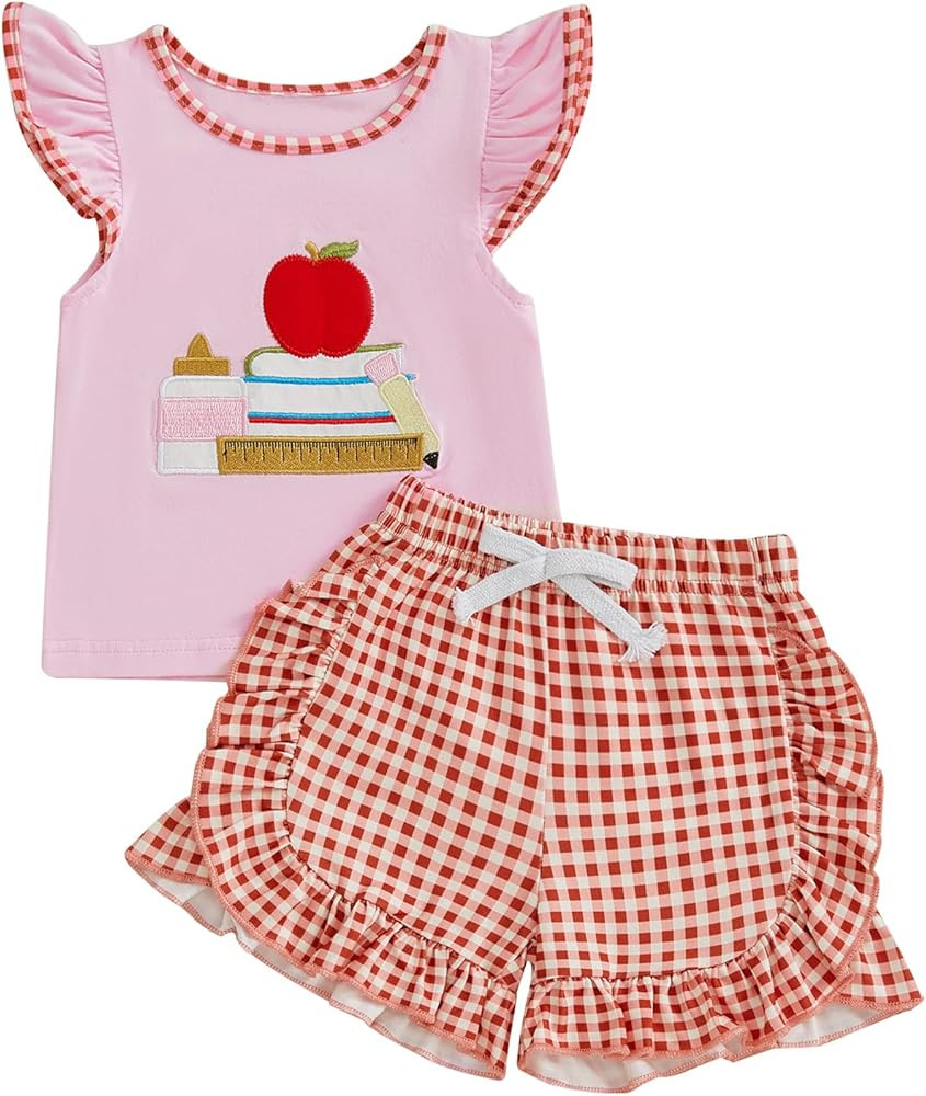Bonangber Toddler Baby Girl Summer Clothes Letter Print Flying Sleeve Shirt Top Plaid Shorts Set ... | Amazon (US)