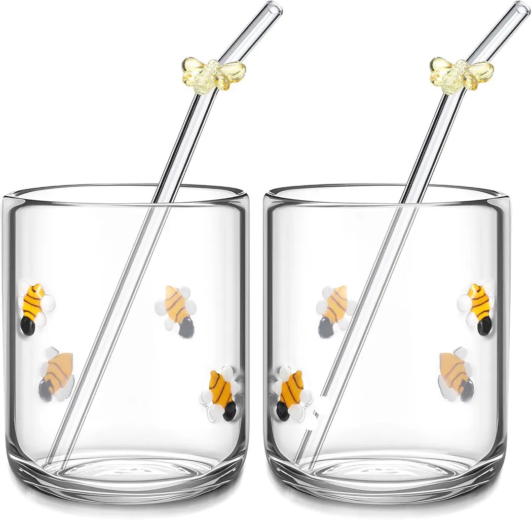 Skylety 2 Set Bee Icon Juice Glass Cups - Icon Glass Cup with 2 Straw 14 oz Double Old Fashioned ... | Amazon (US)