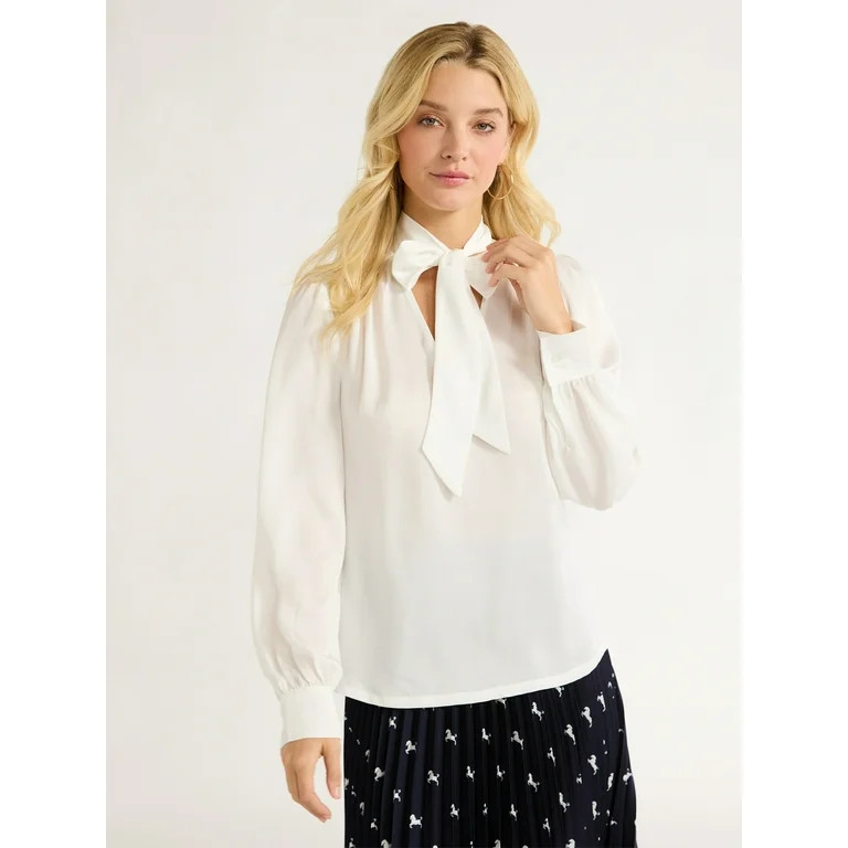 Free Assembly Women’s Bow Tie Blouse with Long Sleeves, Sizes XS-XXL | Walmart (US)