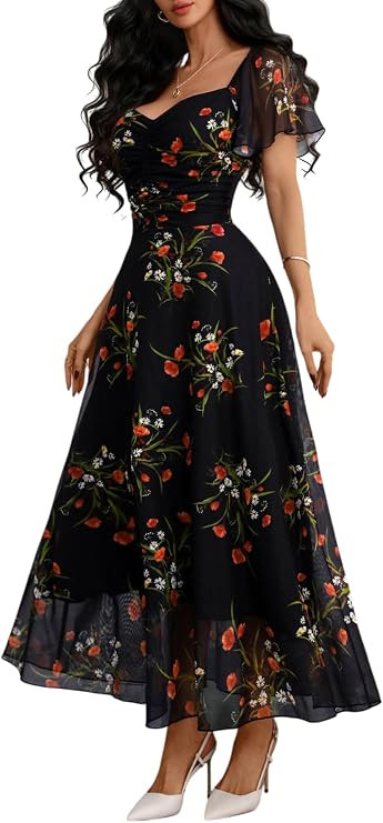GothDark Women's Floral Mesh A-Line Short Sleeve Party Wedding Guest Dress | Flower Sweetheart Ne... | Amazon (US)