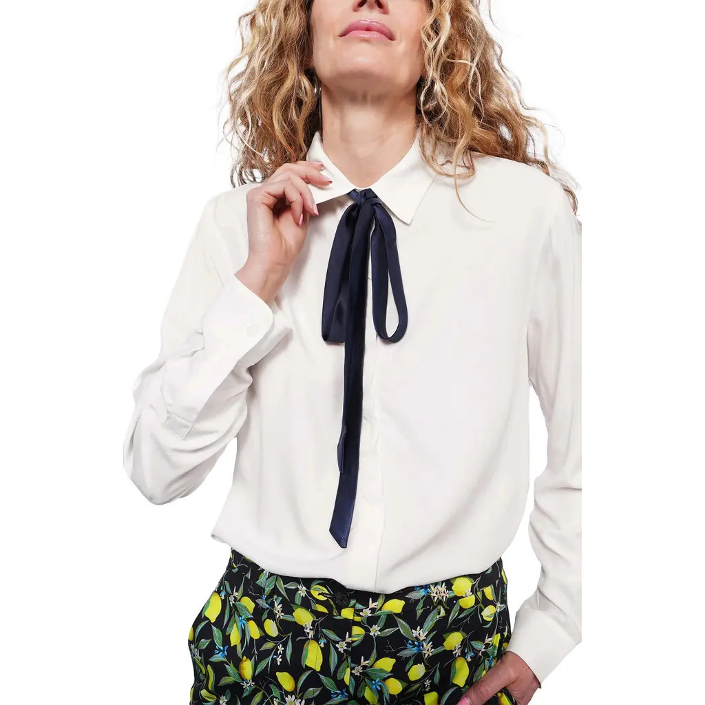 WILDFANG The Empower long Sleeve Bow Button Up in White/navy at Nordstrom, Size Large | Nordstrom
