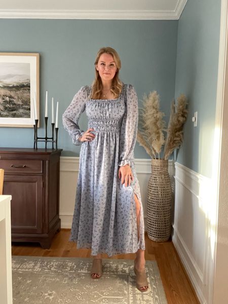 Beautiful blue floral dress with smocking at waist, slit and adjustable tie in the back — perfect dress for Easter, church, wedding guest or a baby shower this spring. 

Fits true to size. I’d size up for it to work with a bump as a maternity dress!

Use code SARAHCAMILLE10 for 10% off.

#LTKstyletip #LTKSeasonal