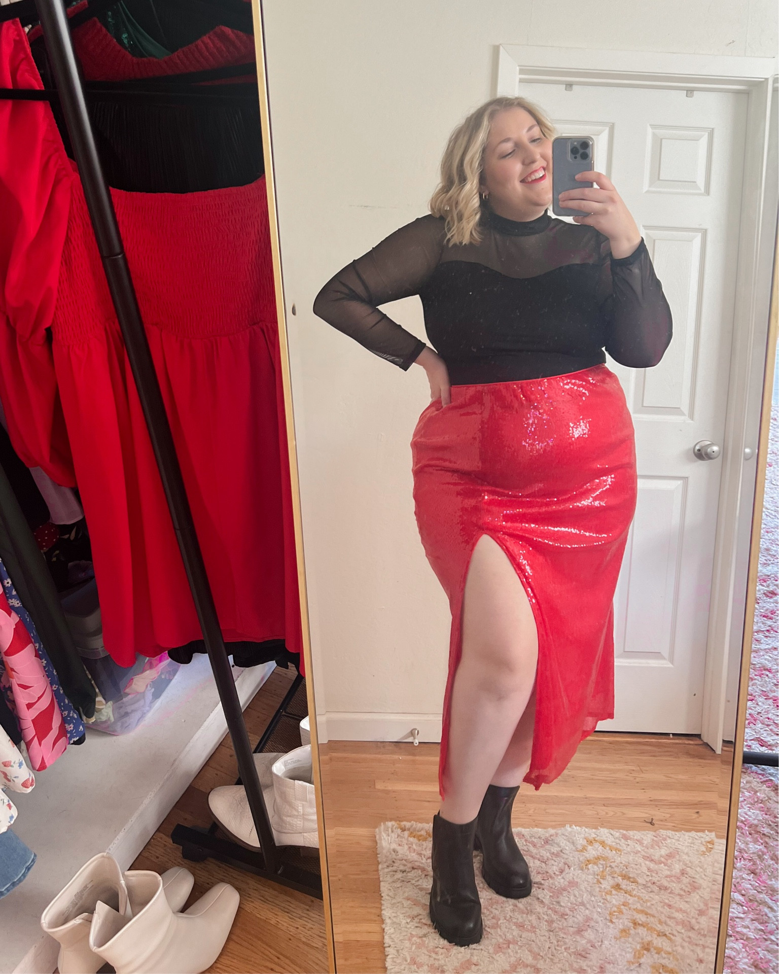 Might be my fave holiday outfit yet💃🏼💋✨ this sequin skirt is sooo fun! I’m wearing XXL! The top is a little small in the arms, I’m wearing XL! And of course can’t go without my Nippies support - the best pasties ever! 

#LTKplussize #LTKmidsize #LTKHoliday