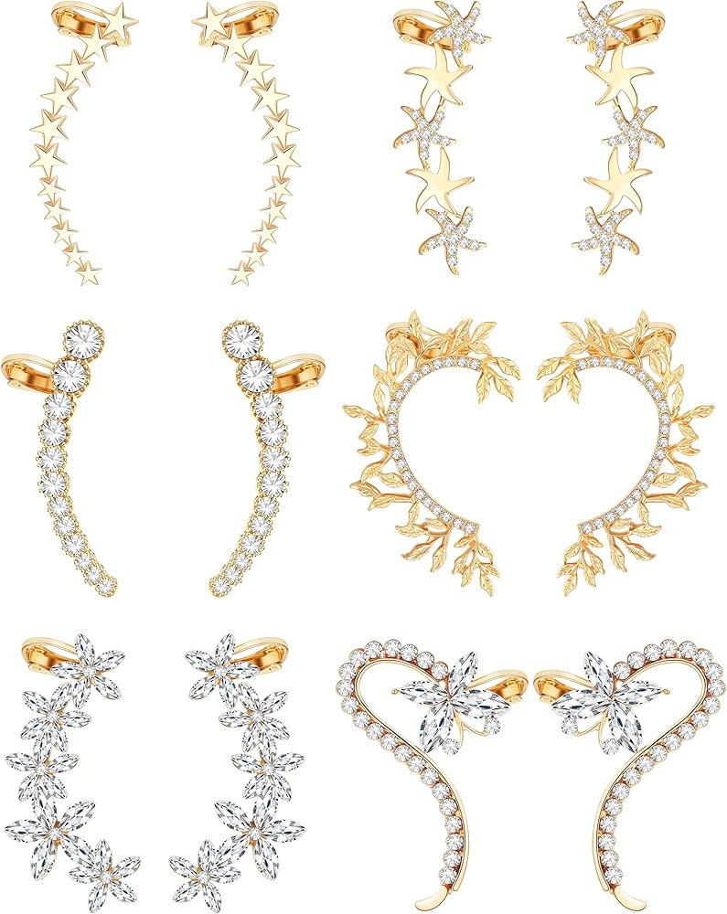 JOERICA 6 Pairs Ear Cuffs Clip Earrings Hoop Climber Earrings for Women Butterfly Flower Star Lea... | Amazon (US)