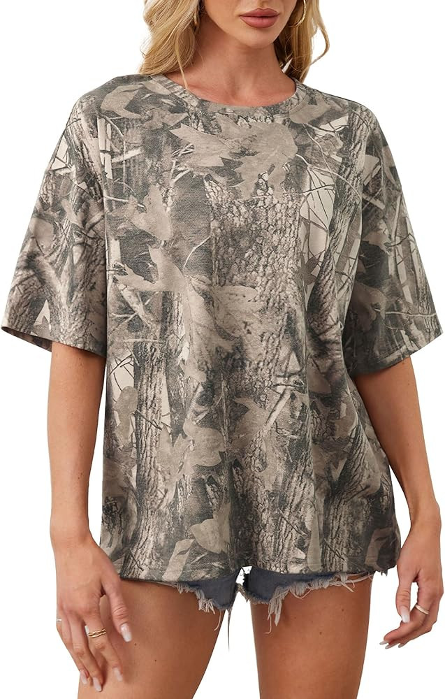 Eutten Womens Camo Shirt Maple Leaf Print Summer Tops Short Sleeve Oversized Crewneck T Shirts Lo... | Amazon (US)