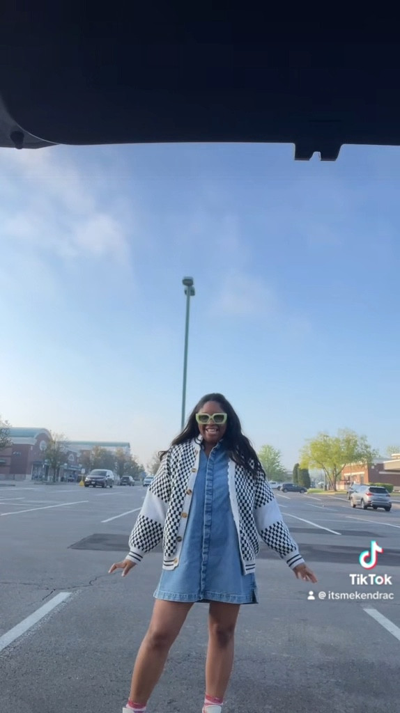Denim dress, cherry converse, green glasses and sweater 
