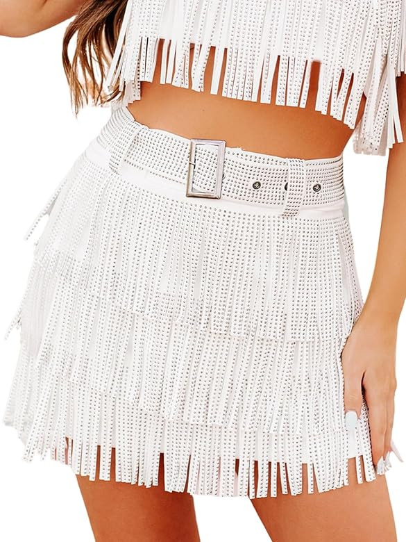 ChiyeeKiss Womens Sparkle Rhinestone Fringe Skirt Elastic Waistband Short Mini Dress with Adjusta... | Amazon (US)