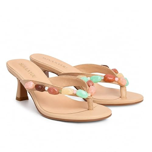SOVANYOU Jeweled Thong Heels for Women Open Toe Beaded Kitten Heel Flip Flops Slip on Tan Strappy Heel Sandals for Wedding Beach Vacation | Amazon (US)