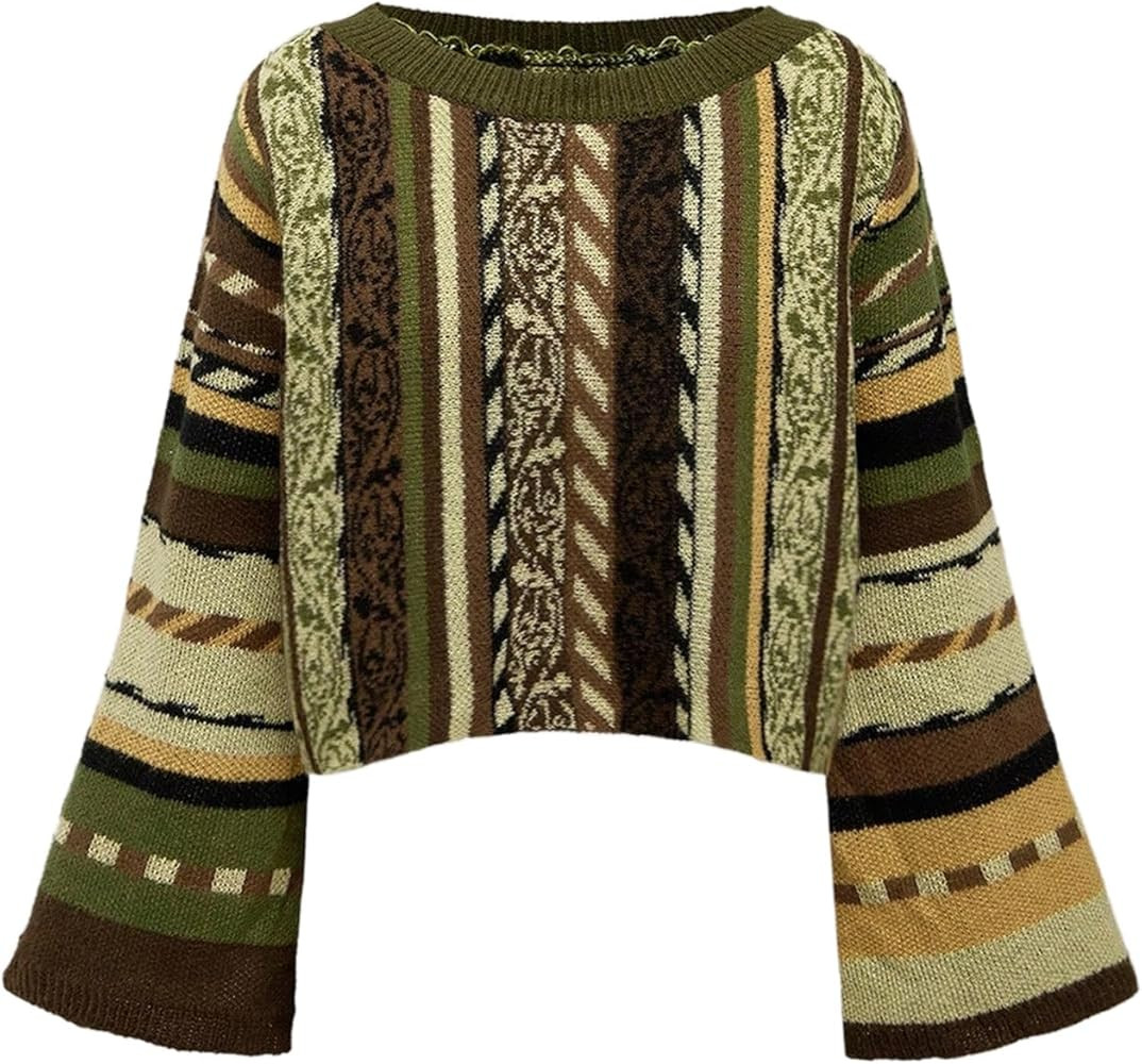 SHENHE Women's Bell Sleeve Striped Sweater Hippie 70s Vintage Cropped Sweater | Amazon (US)