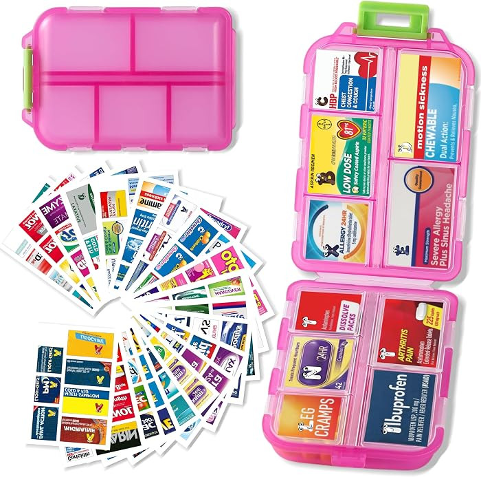 Pill Organizer with 161 Medicine Labels, Daily Travel Pill Case (Pink) | Amazon (US)