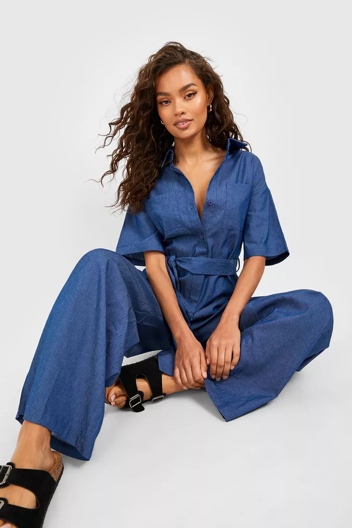 Short Sleeve Chambray Denim Boiler Suit | Boohoo.com (UK & IE)