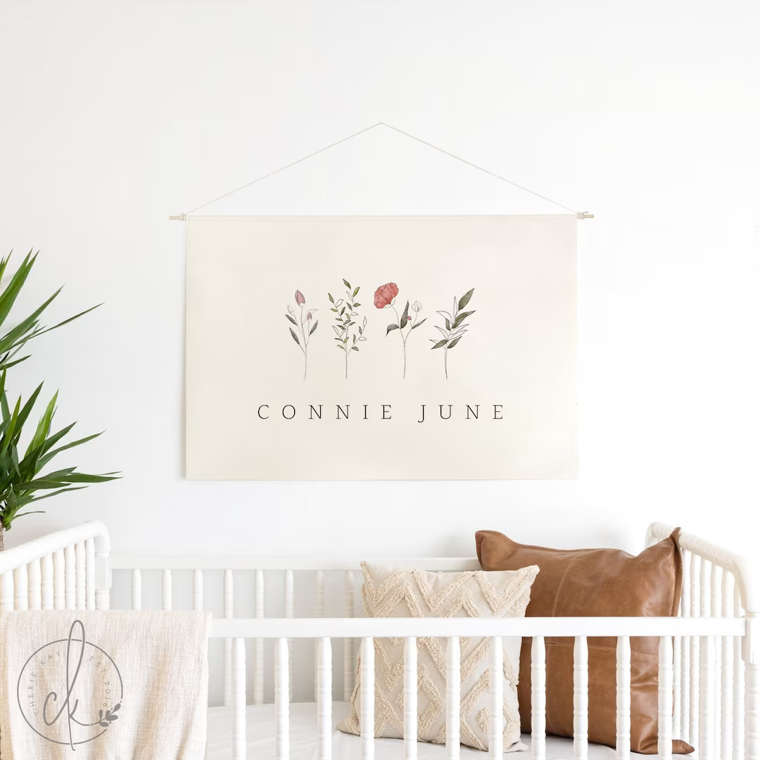 Girl Name Sign With Wildflowers | Dowel Rod Canvas | Nursery Wall Art | Personalized Nursery Deco... | Etsy (US)
