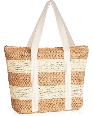 MABROUC Large Straw Beach Bag for women, Wide Stripes Straw Tote Bag, Woven Summer Handbag Should... | Amazon (US)