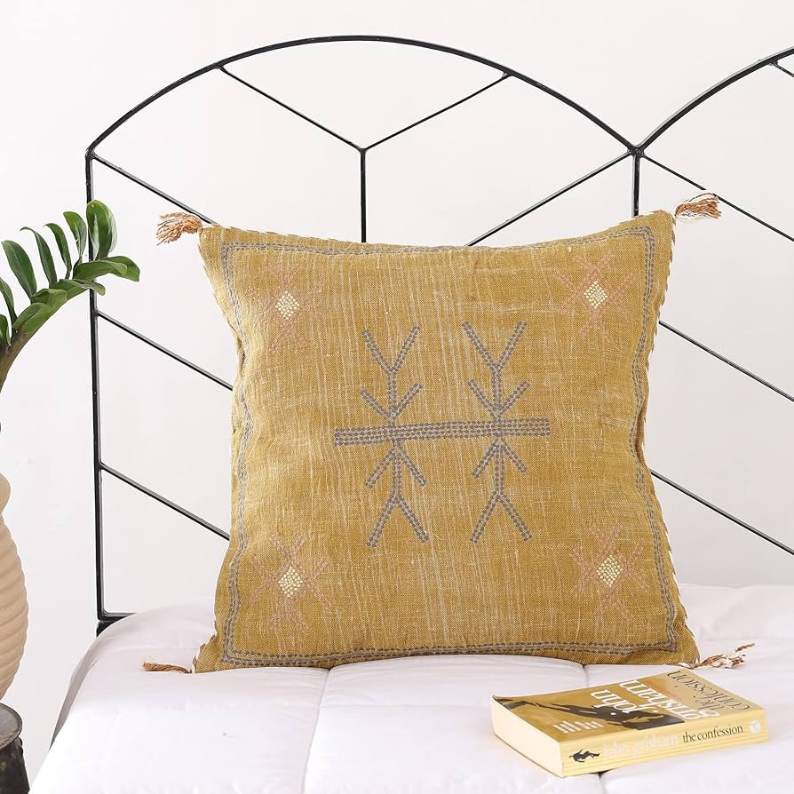 Mustard Color Cactus Silk Pillow, Rustic Throw Pillow, Embroidered Cushion Cover, Linen Cushion, ... | Amazon (US)