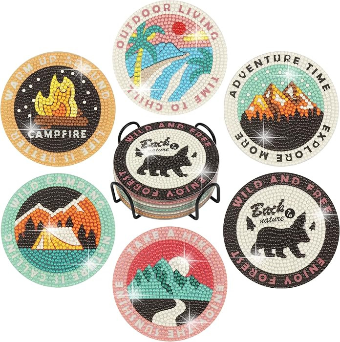 Temlum 6 Pcs Diamond Painting Coasters with Holder, DIY Outdoor Camping Coasters Diamond Art Kits... | Amazon (US)