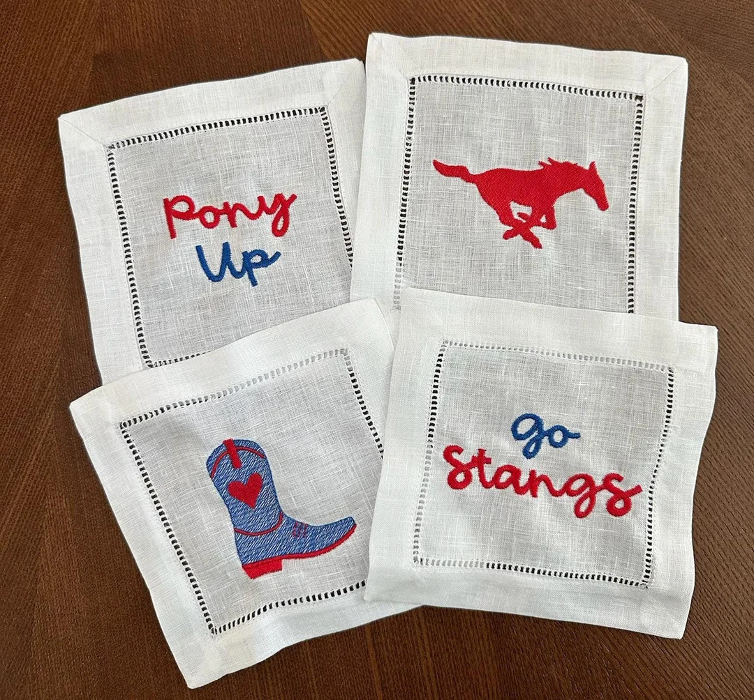 Southern Methodist University SMU Mustang Pony up Dallas Embroidered Linen Cocktail Napkin Set, C... | Etsy (US)