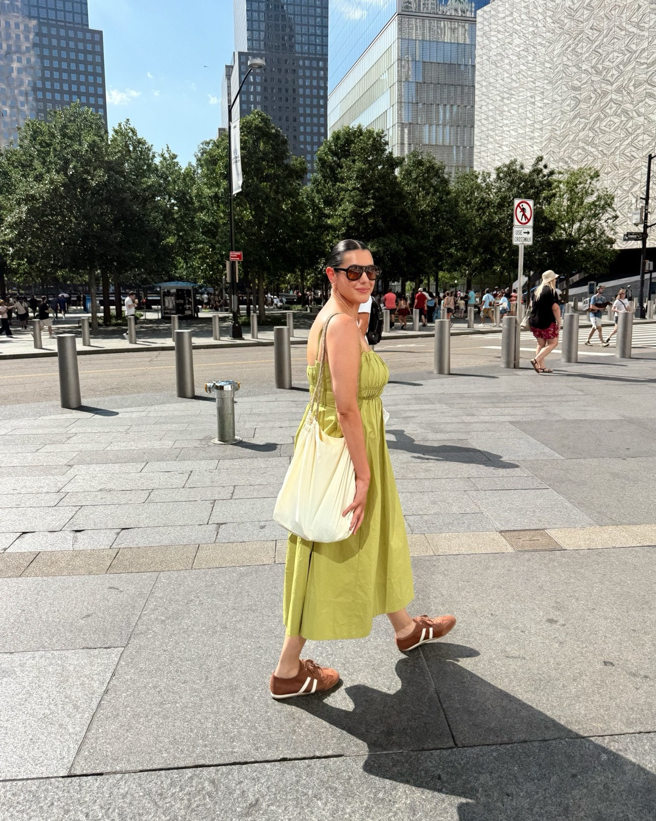 Loved this easy cotton dress from @Anthropologie while in NYC! It was easy and lightweight for travel. I’m in the large and I’d say it’s TTS! 

PS: these @quince leather sneakers are so good! Wore them all day, so comfy with zero blisters! True to size.