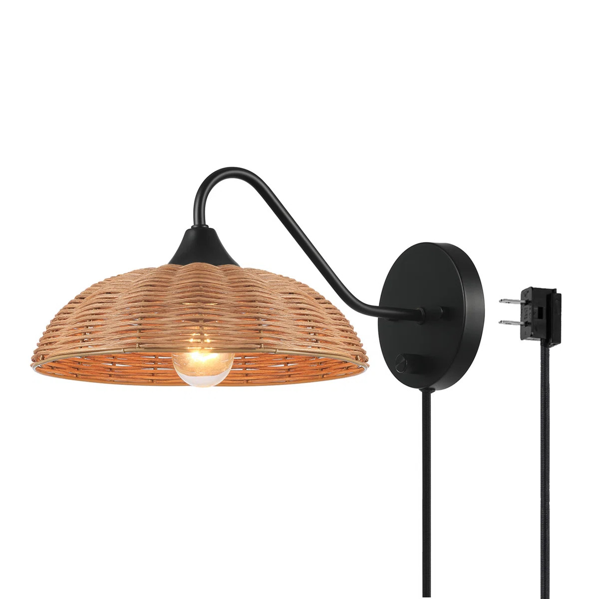 1-Light Plug-In Or Hardwire Wall Sconce, Matte Black, Blonde Paper Twine Shade, 6Ft Black Braided... | Wayfair North America