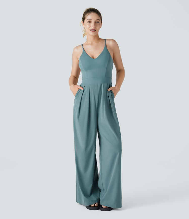 Breezeful™ Backless Side Invisible Zipper Pocket Wide Leg Quick Dry Resort Slip Jumpsuit | HALARA