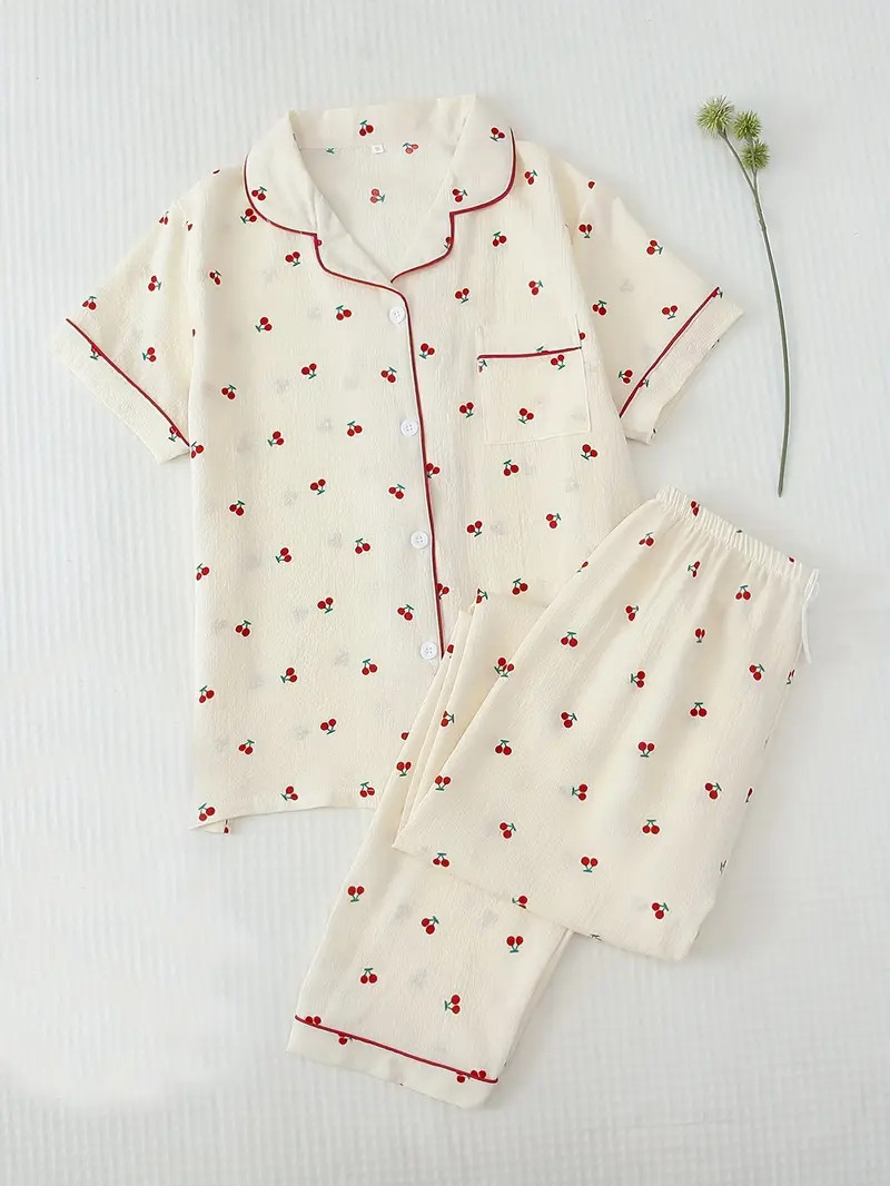 Cherry Print Pajama Set Short Sleeve Button Up Top Elastic - Temu | Temu Affiliate Program