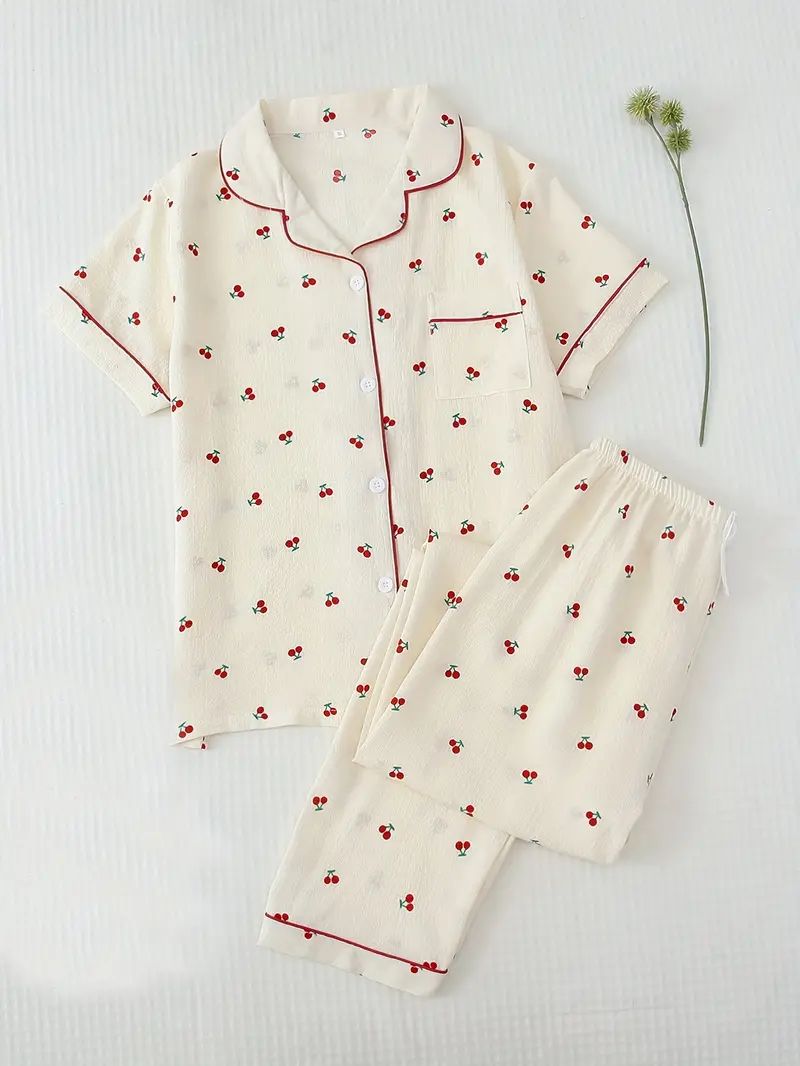 Cherry Print Pajama Set Short Sleeve Button Up Top Elastic - Temu | Temu Affiliate Program