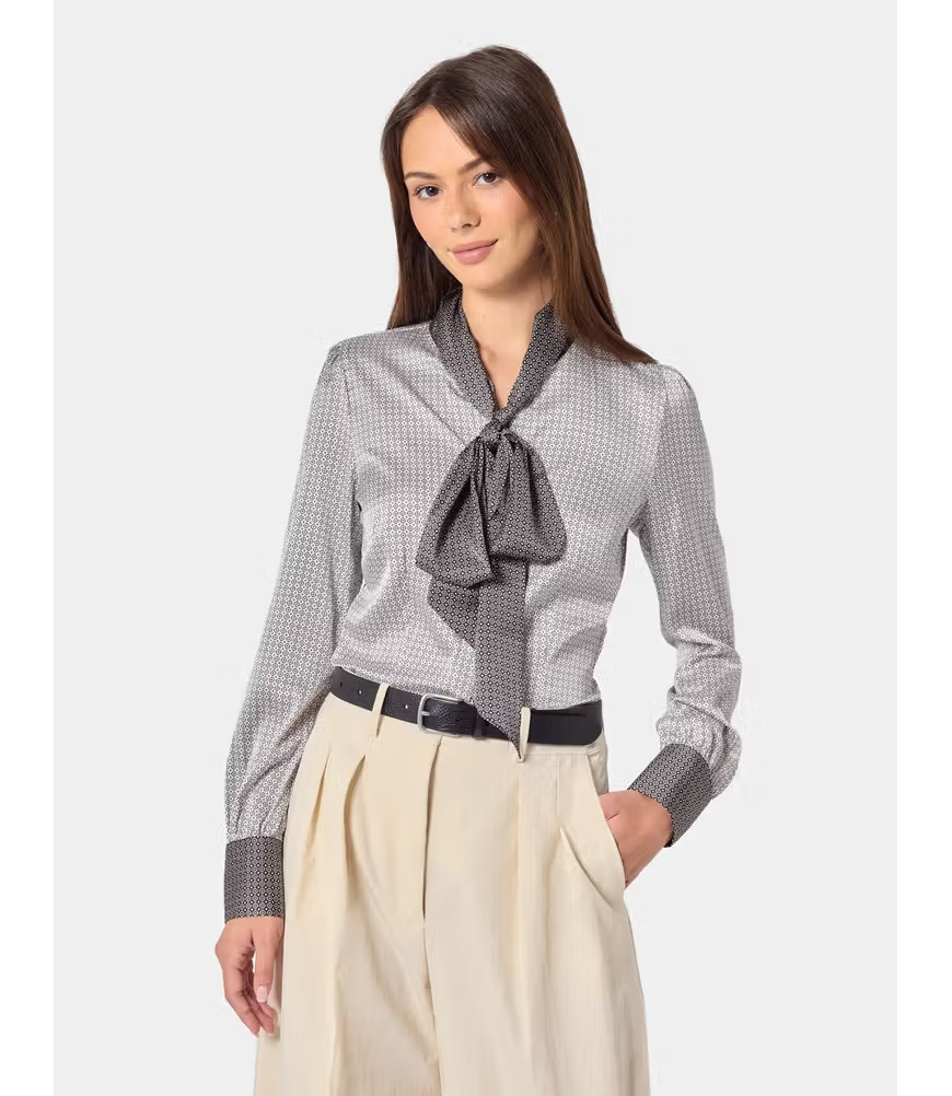 Women's Cream & Black Geometric Satin Pussybow Blouse | Hawes & Curtis | Hawes & Curtis - US