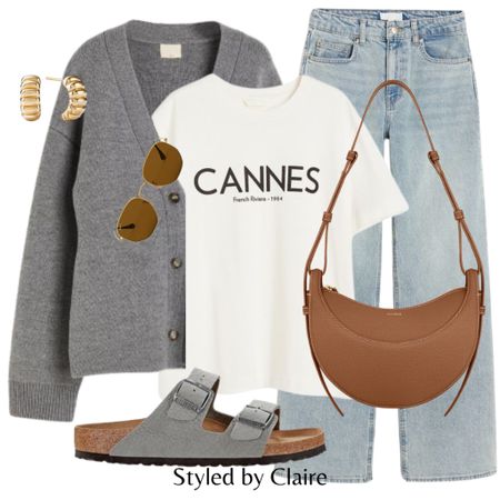 A casual day🤎
Tags: wool oversized cardigan, cannes tshirt, wide leg blue faded jeans, Birkenstock sandals, gold earrings H&M. Fashion spring inspo outfit ideas city break airport outfit everyday basics style sandalias 

#LTKstyletip #LTKshoecrush #LTKitbag