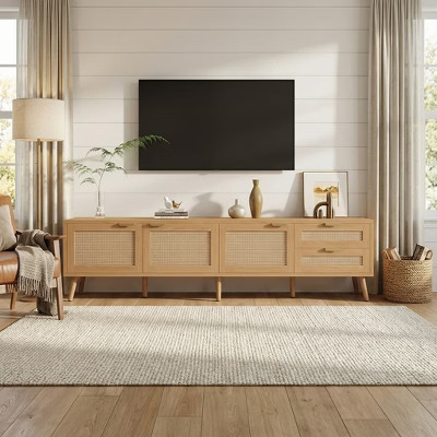 Large Natural Wood Media Console Mid-Century Modern Entertainment Unit Storage Solution for Living Room Elegance | Target