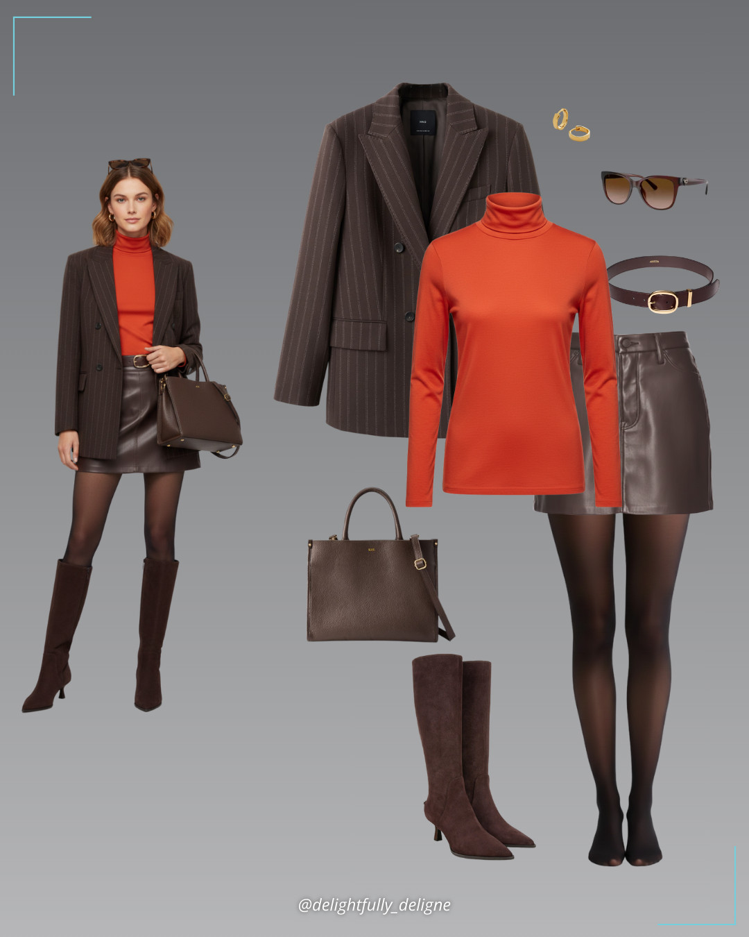 Modern Rust Moments 🤎🧡 Scorched orange luxe wool-blend turtleneck T-shirt, brown double-breasted pinstripe suit blazer, brown leather mini skirt, solid brass leather wide belt, pointy-toe knee-high boots, wave huggie earrings, signature heart oversized square sunglasses, brown leather tote, opaque tights. 

 #LTKgrwm #LTKootd #LTKOver40