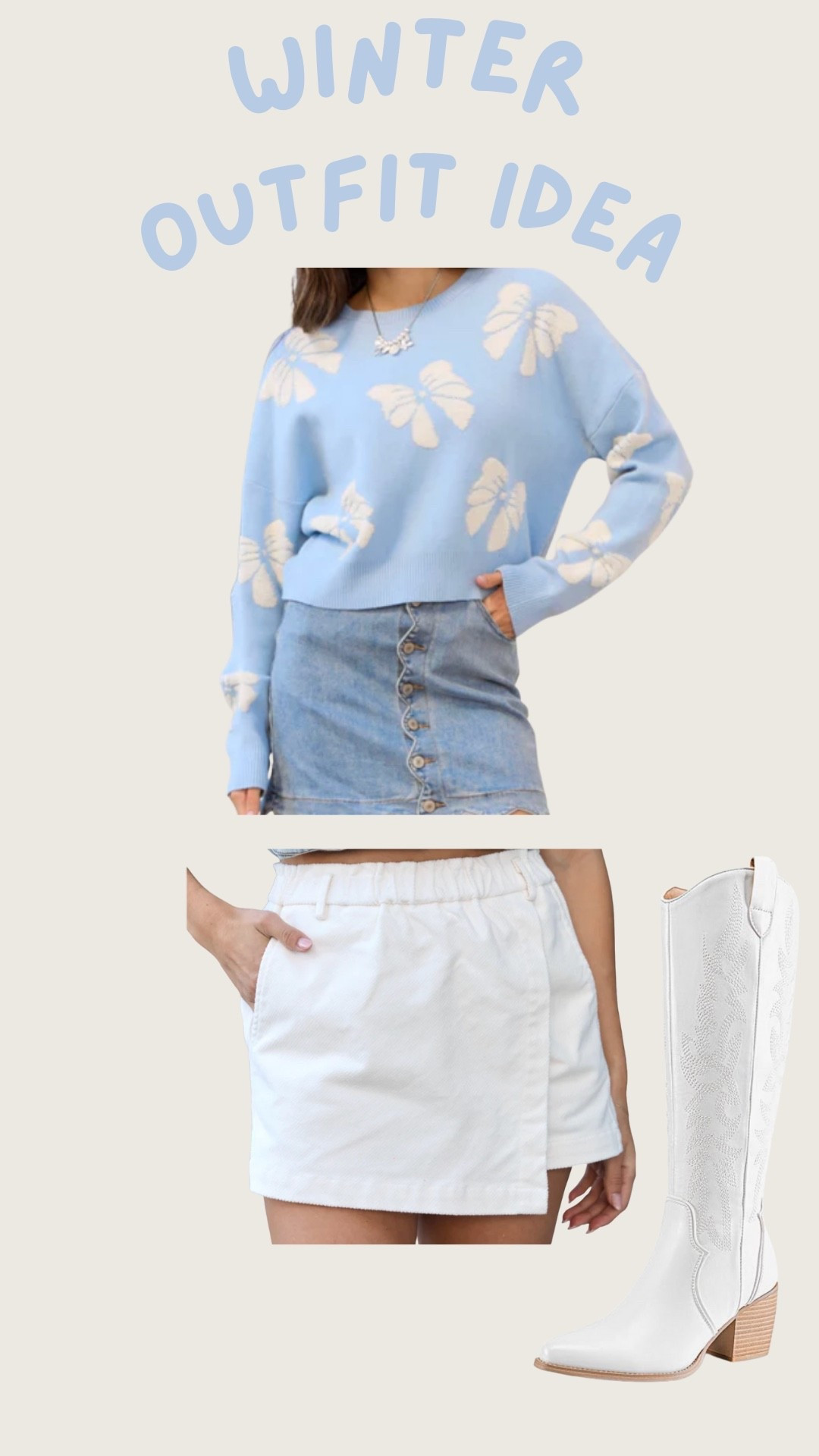 Winter style. Winter fashion. Outfit idea. Outfit inspiration. Bows. Skort. Skirt. Sweater. Cowboy boots. Trending  

#LTKHoliday #LTKFindsUnder100 #LTKFindsUnder50
