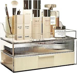 DASITON Cream Dustproof Two layers Storage Box,Makeup Brush Holder,Large Capacity Desktop Storage... | Amazon (US)