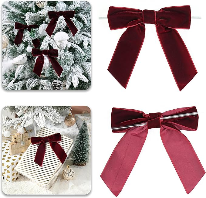 Burgundy Velvet Ribbon Christmas Bow 5 Inch Premade Maroon Bows for Christmas Tree Hanging Decorations Gift Wrapping Wreaths Crafts Outdoor Indoor Home Decor Wedding, Pack of 12 | Amazon (US)