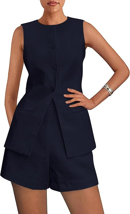 PRETTYGARDEN Women's 2 Piece Sets 2025 Summer Trendy Button Down Suit Vest Tops High Waisted Shor... | Amazon (US)