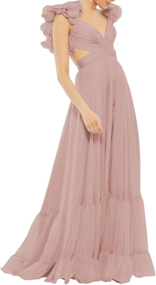 Lawrncedw Chiffon Ruffle Prom Dress for Women V Neck Long Bridesmaid Dresses Backless Formal Even... | Amazon (US)