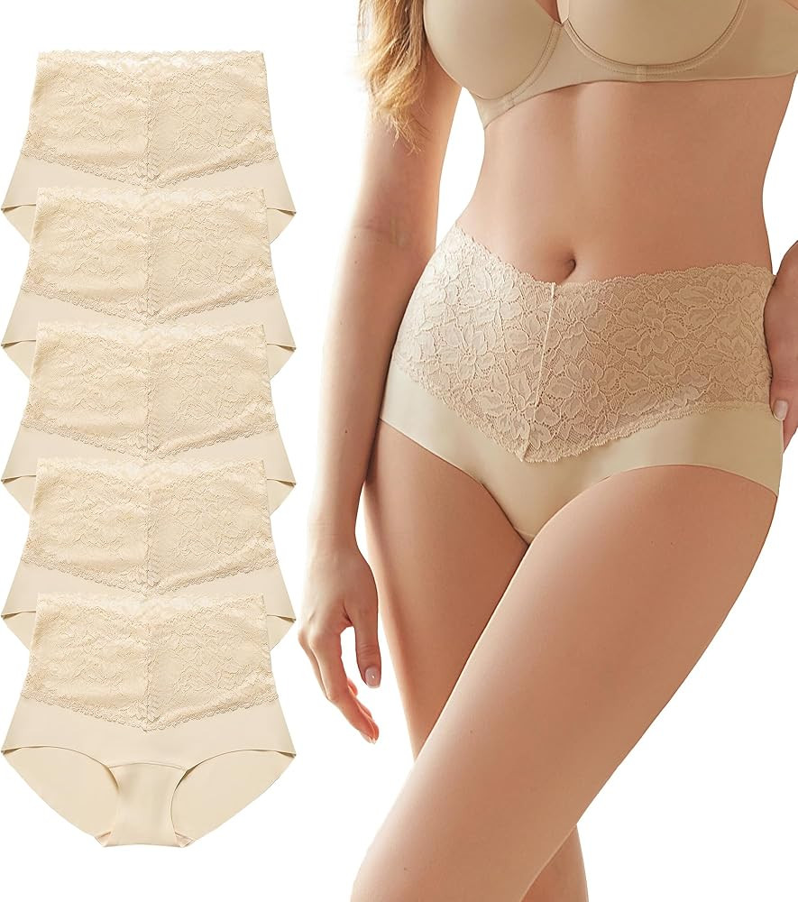 SHARICCA High Waist Lace Underwear for Women Seamless Sexy Panties Ladies Stretch Full Coverage B... | Amazon (US)
