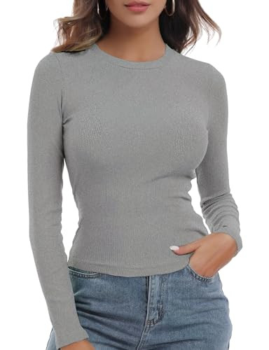 Buauty Womens Basic Long Sleeve Trendy Crewneck Ribbed Tunic Top Slim Fitted Casual Going Out Shirts for Spring Y2K Outfits Grey | Amazon (US)