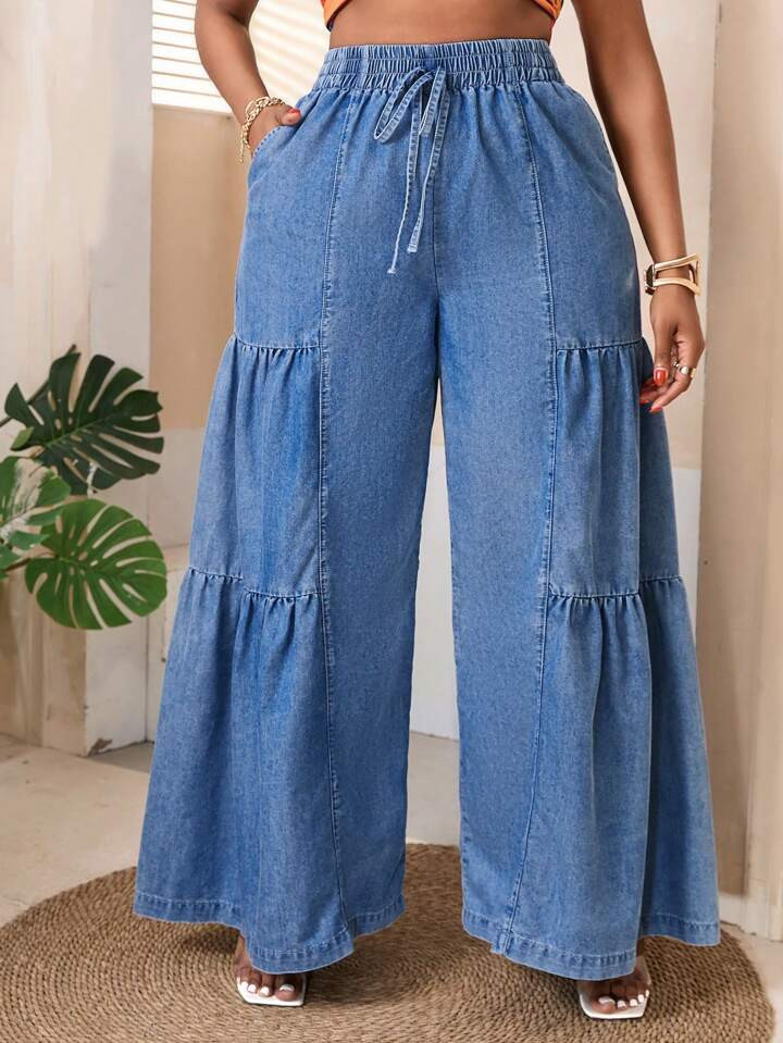 SHEIN SXY Plus Size Women's Wide Leg Jeans, Casual Fit Denim Pants For Summer, High Waist Casual ... | SHEIN