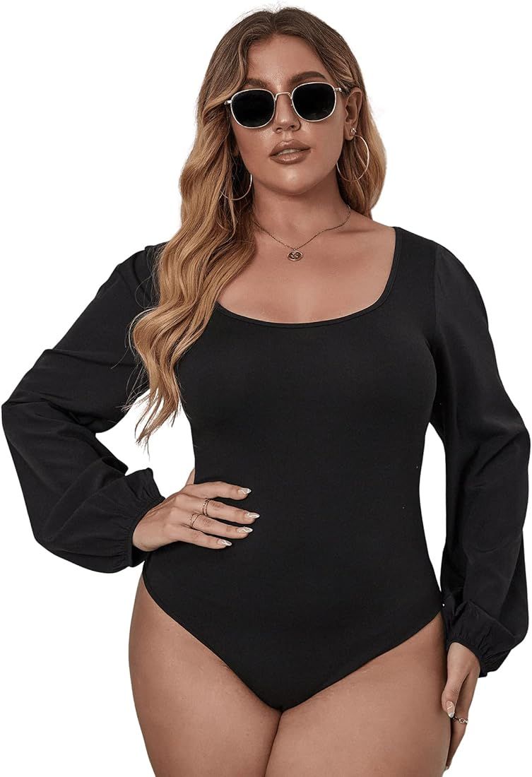 WDIRARA Women's Plus Size Bishop Long Sleeve Scoop Neck Bodysuit Casual Tops | Amazon (US)