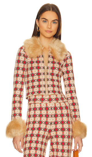 Zermatt Faux Fur Zip Up in Brown Geo Jacquard | Revolve Clothing (Global)