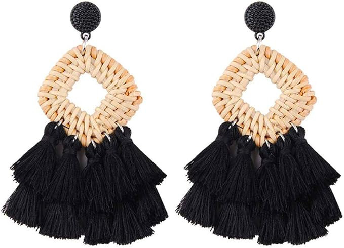 WFYOU Rattan Tassel Earrings for Women Bohemian Statement Handmade Woven Drop Dangle Earrings | Amazon (US)
