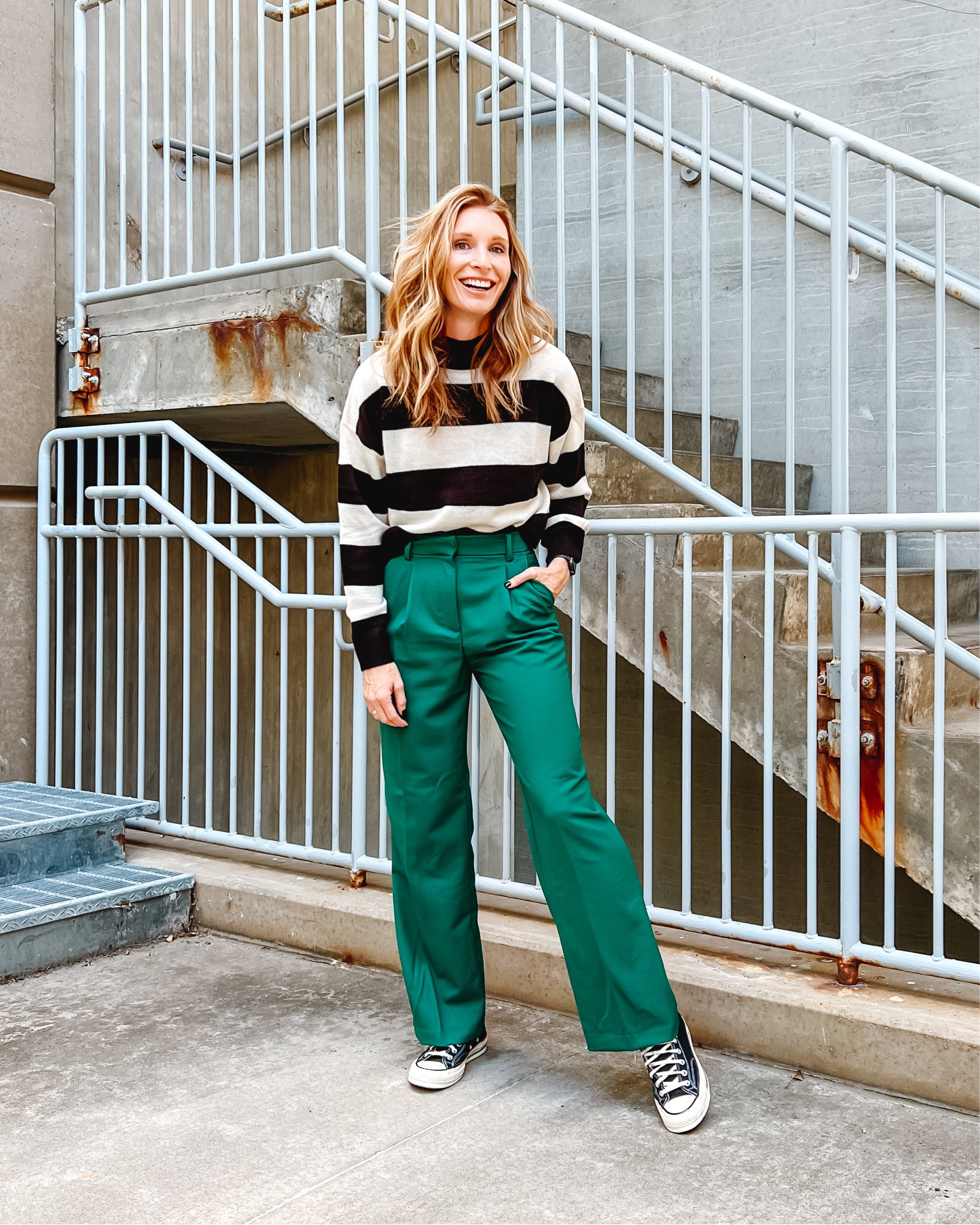 fall fashion, striped sweater, green pants, dress pants, sneakers, converse

#LTKshoecrush #LTKunder50 #LTKstyletip