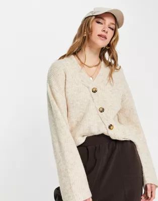 NA-KD polyester asymmetric knitted cardigan in beige melange - BEIGE | ASOS (Global)