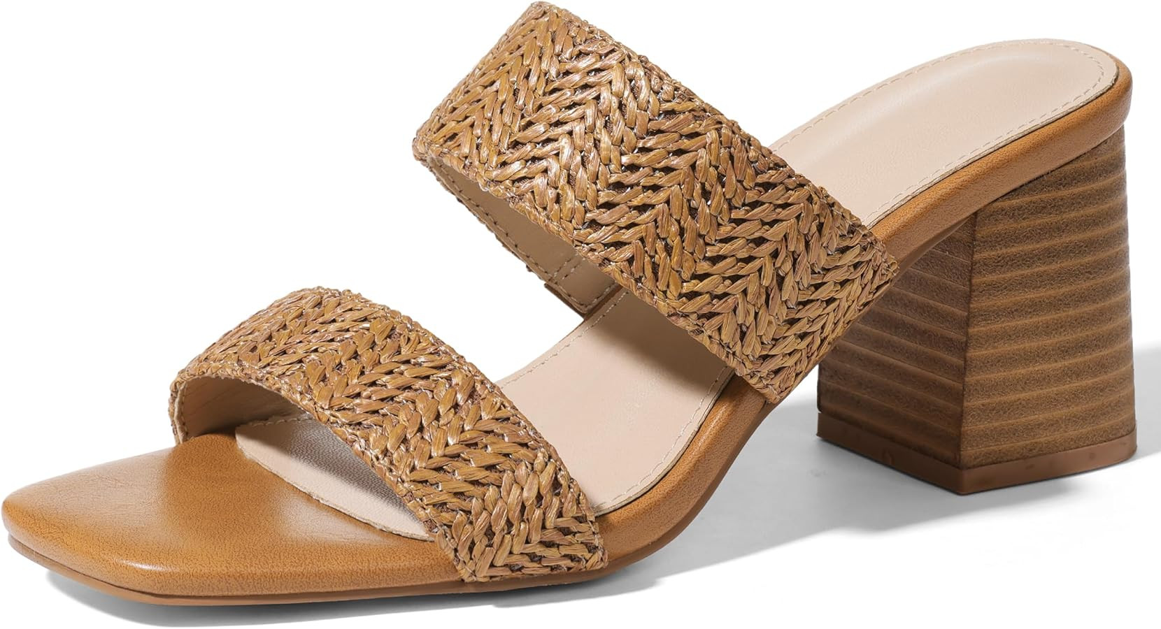 Ancomafio Heeled Sandals for Women Raffia Sandals 2025 Chunky Block Heels Square Open Toe Heels D... | Amazon (US)