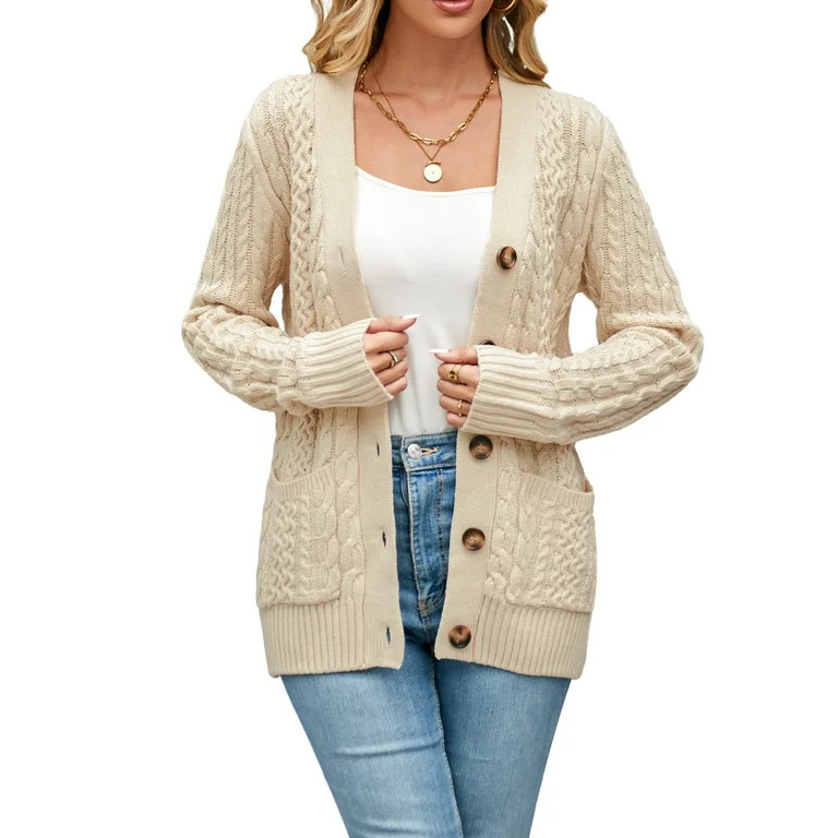 Women's Long Sleeve Cable Knit Sweater Open Front Cardigan Button Loose Outerwear | Walmart (US)