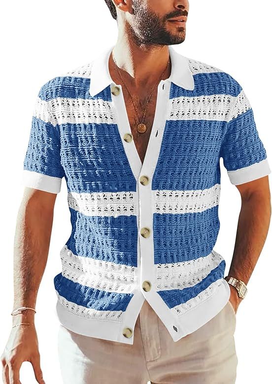 Gafeng Mens Short Sleeve Knit Shirts Button Down Color Block See Through Sexy Polo T-Shirts | Amazon (US)