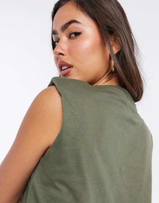 Mango padded shoulder t-shirt in khaki | ASOS (Global)