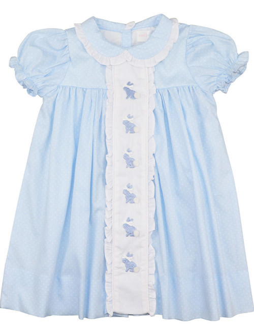 Blue Dot Pique Embroidered Bunnies Dress - Shipping Early March | Cecil and Lou