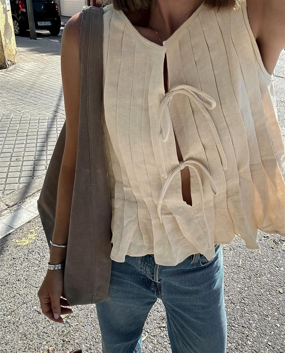 POHADON Womens Y2k Vest Tank Tops Cute Ruffle Cotton Linen Tie Front Shirt Going Out Pleated Summer Cute Lace Up Clothes | Amazon (US)